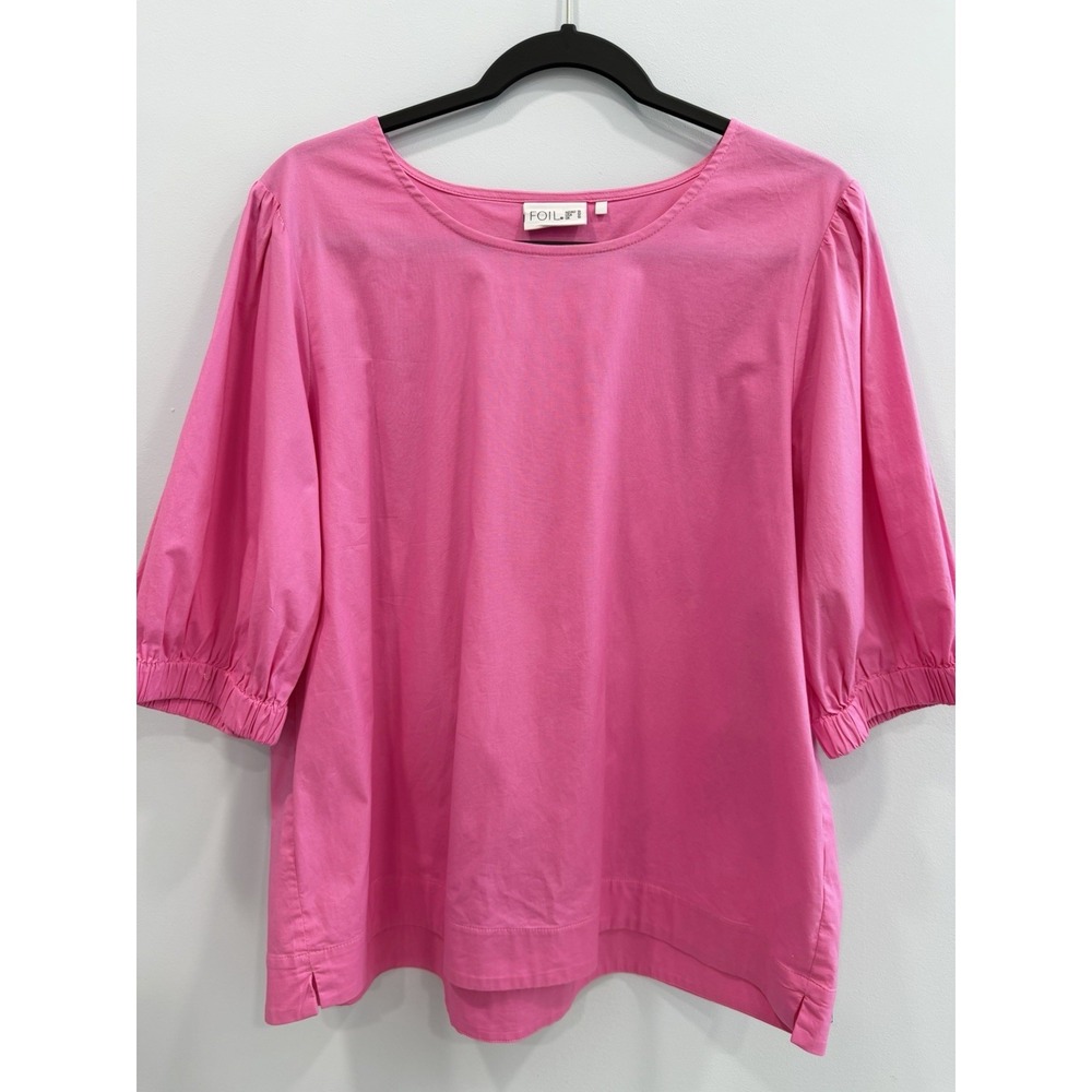 Foil Pink Puff Sleeve Cotton Blend Top Pleated Back Womens Size 12 Chic Blouse